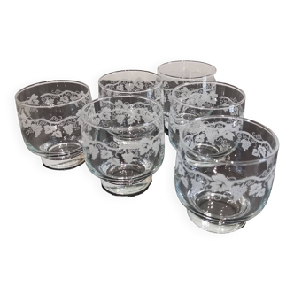 Set of 6 water glasses decorated with grapes and vine branches France