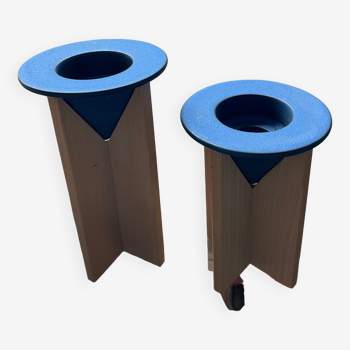 Duo of wooden and ceramic candle holders