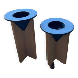 Duo of wooden and ceramic candle holders