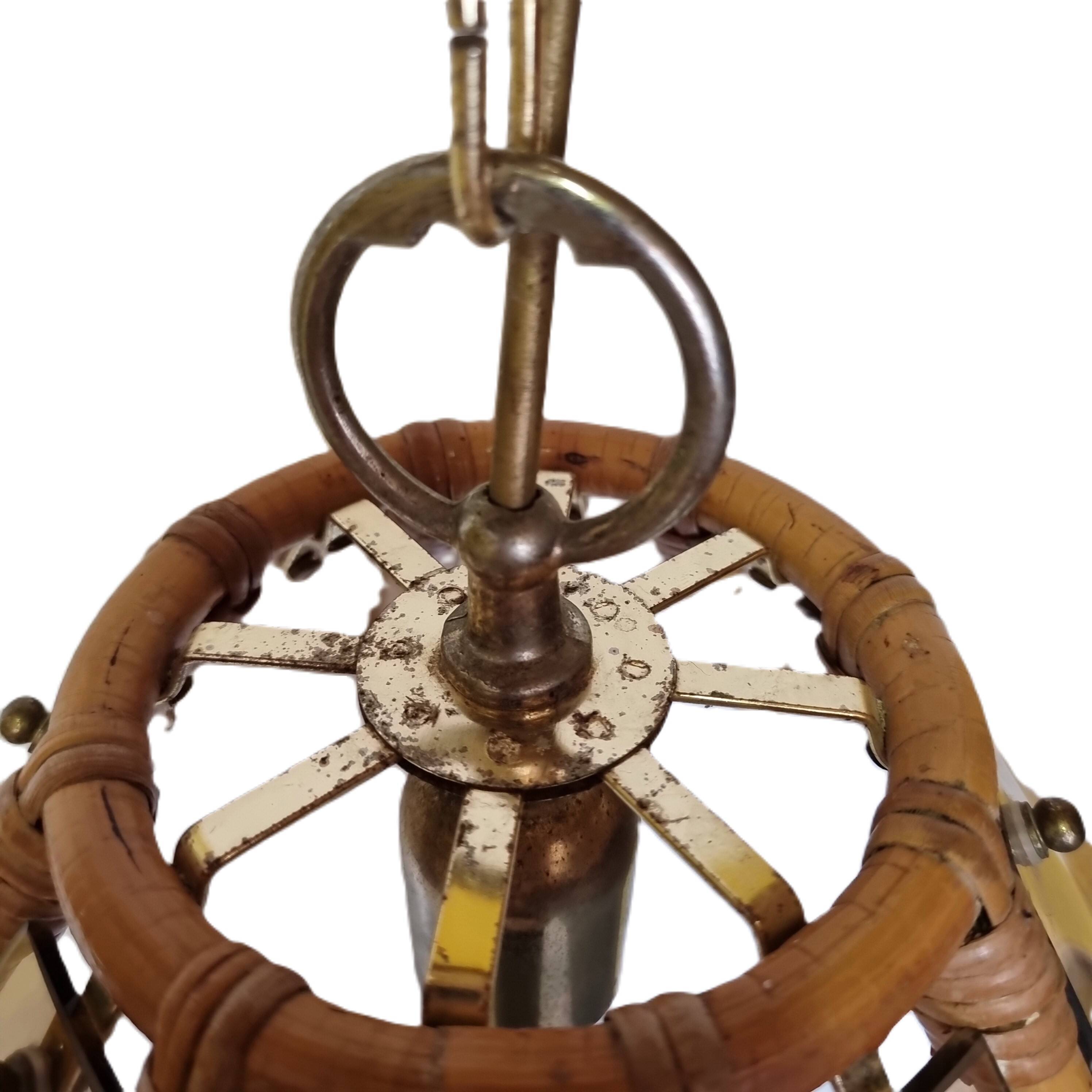 Vintage Bamboo Pendant Lamp With Decorative Glass From The 70s