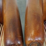 Set of 2 cognac-colored sheepskin club chairs with colorful fabric cushions