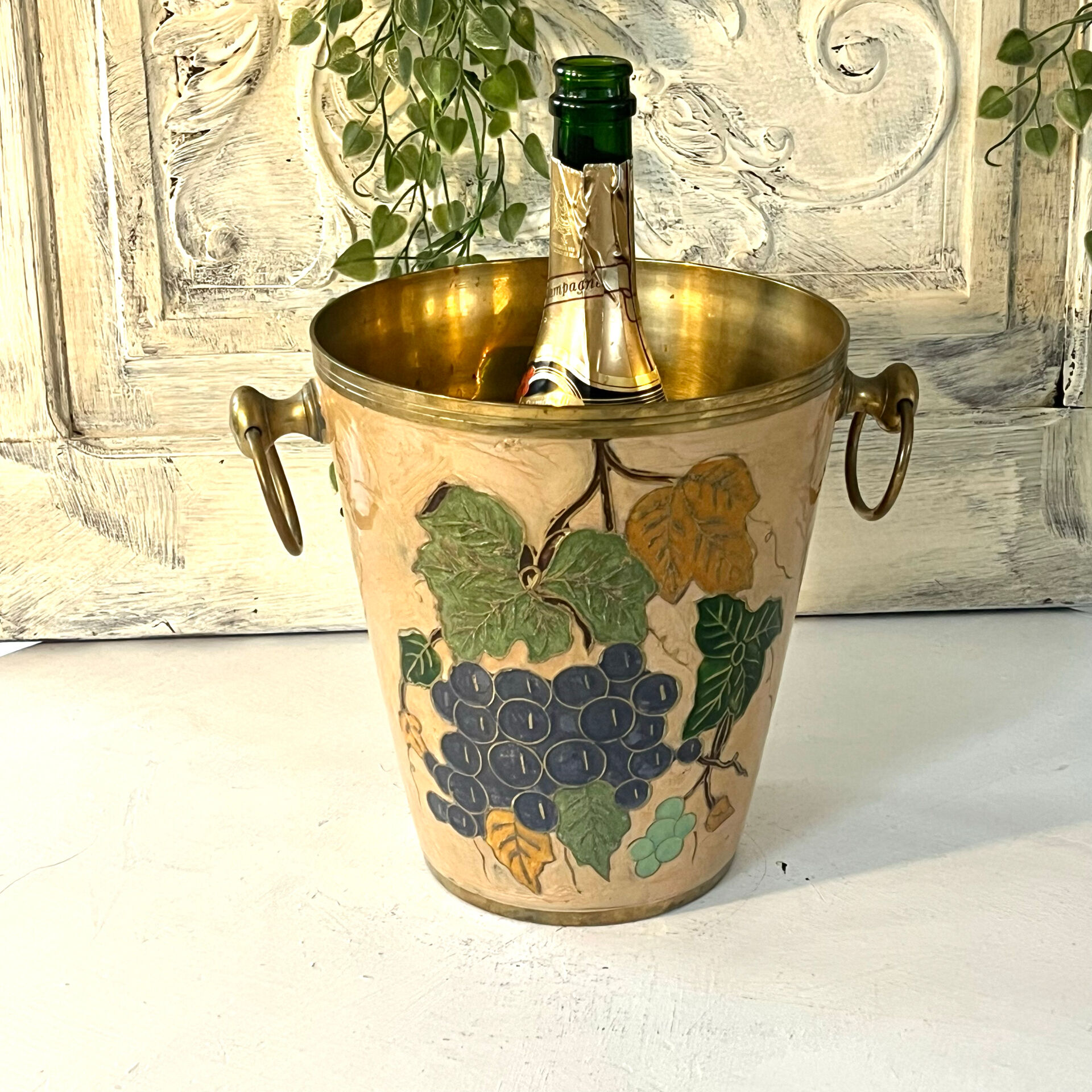 French vintage cloisonne champagne bucket with grape and vine design