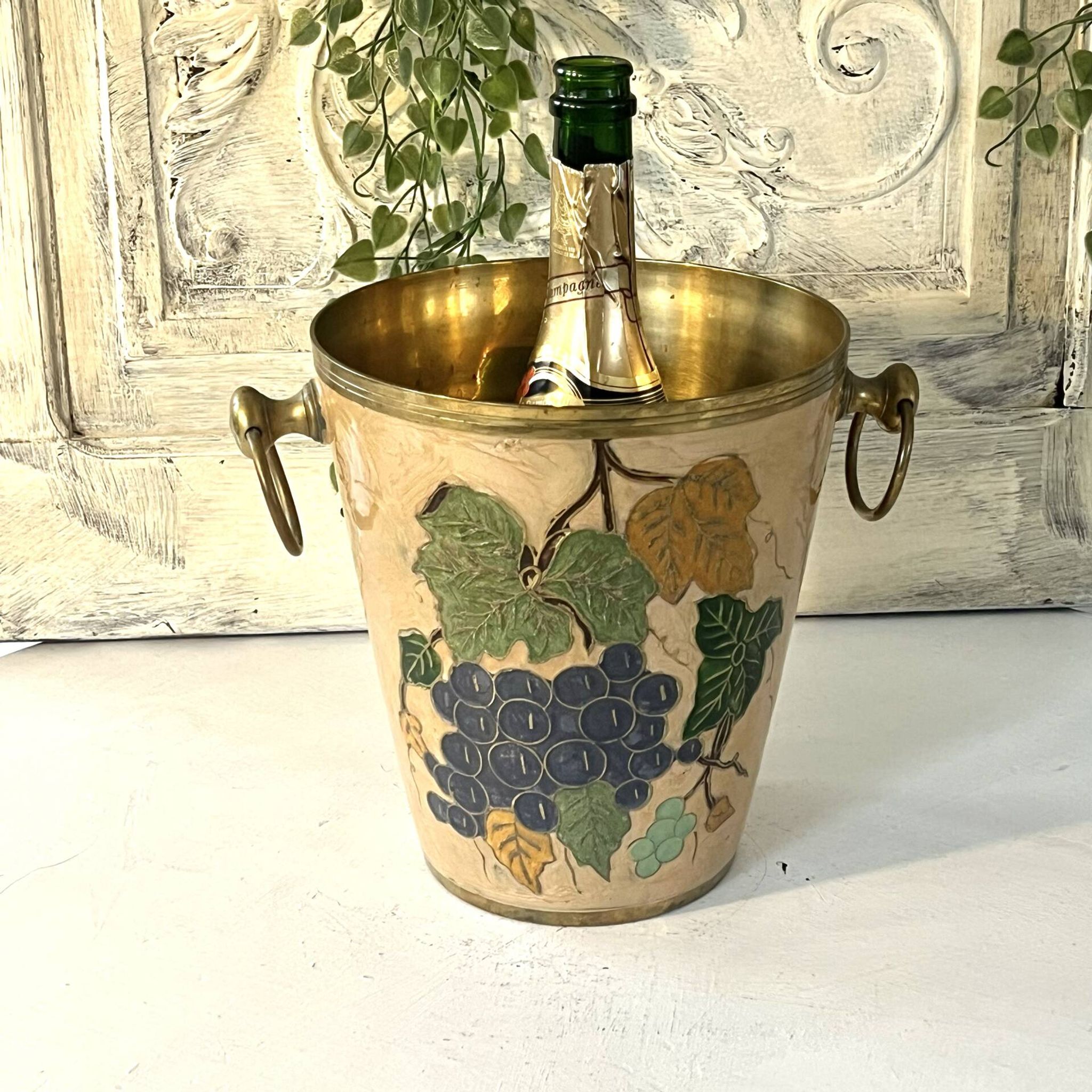 French vintage cloisonne champagne bucket with grape and vine design