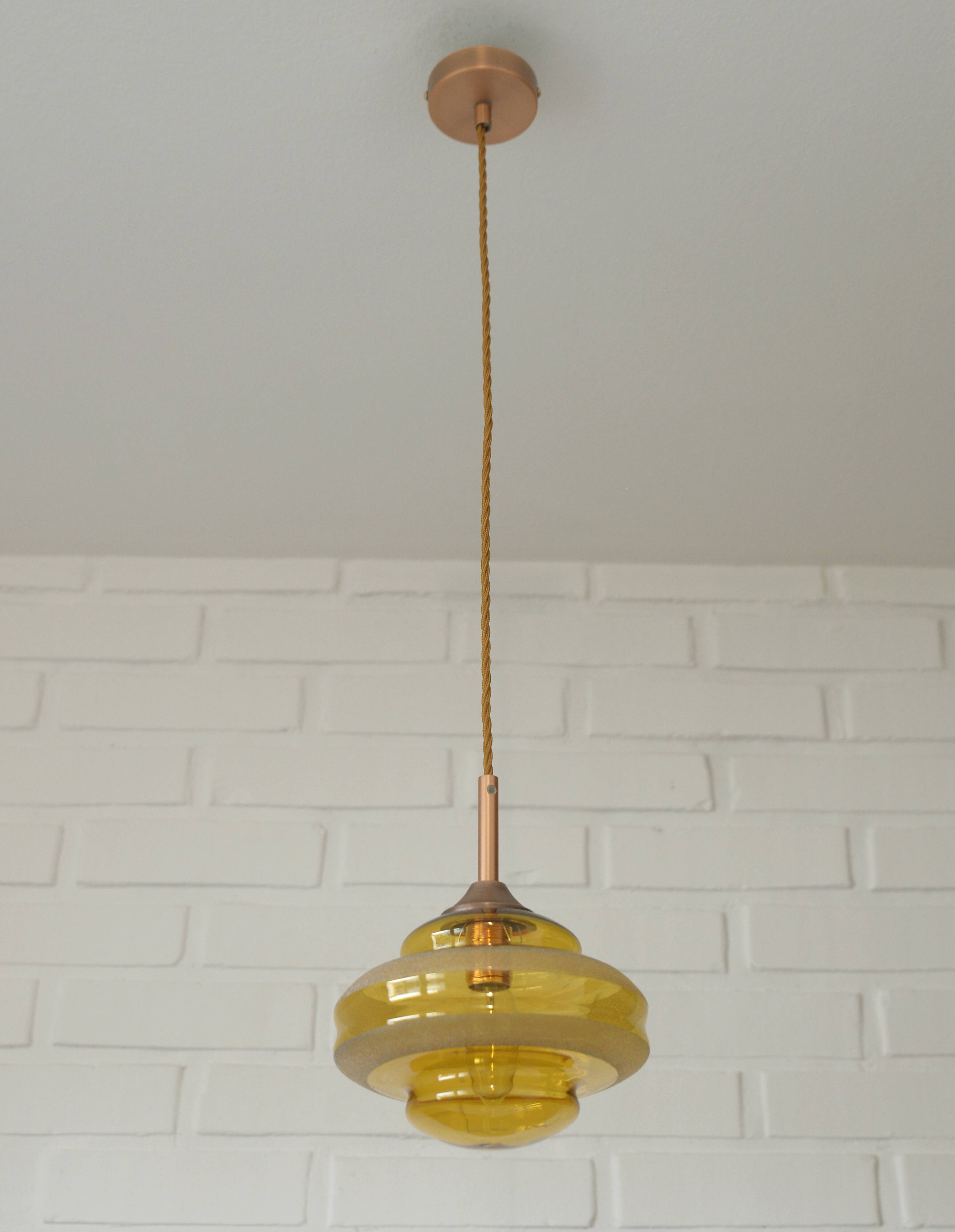 1 of 2 hand blown amber glass pendant lamp / redesign vintage hanging light