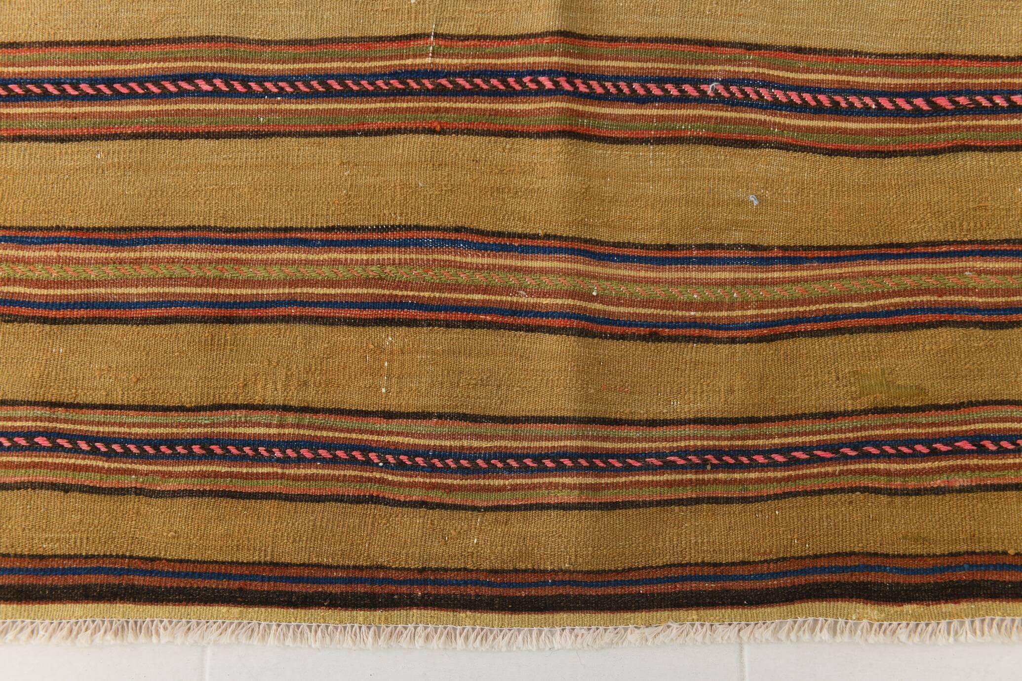 4x7 Bronze & Red Striped Handmade Vintage Kilim Rug, 130x218Cm