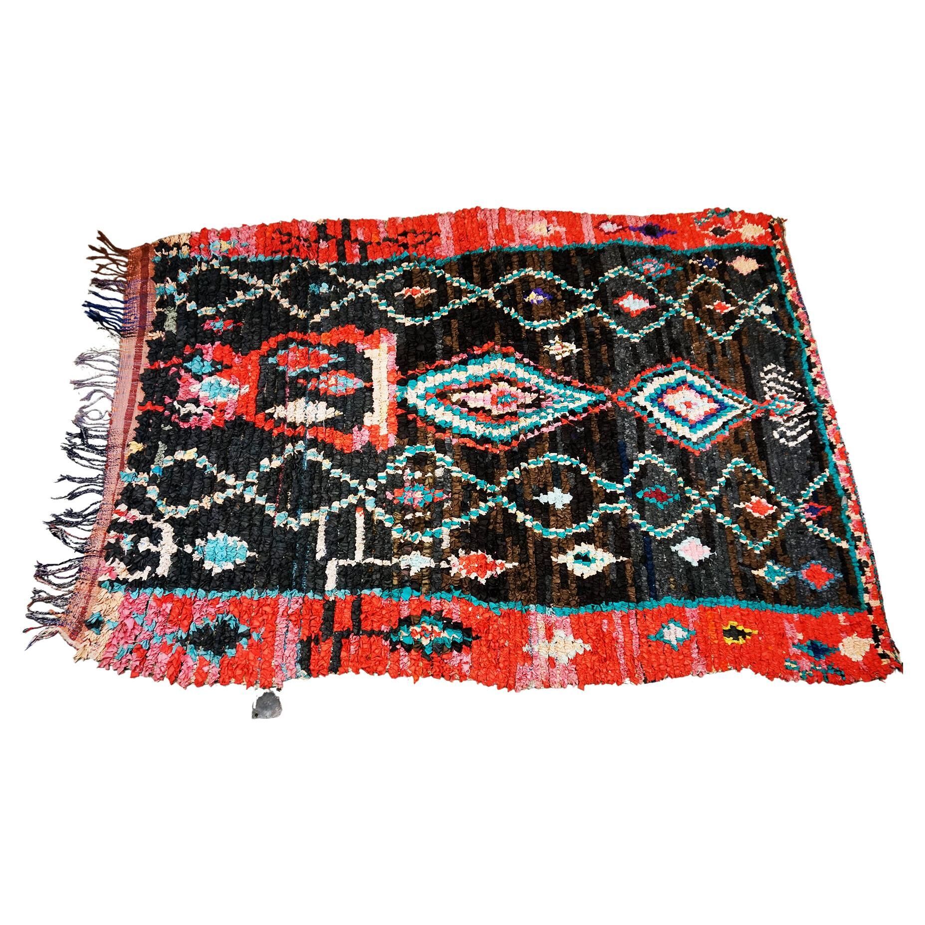 Multicoloured hand-knotted Moroccan Berber Boucherouit rug, vintage.