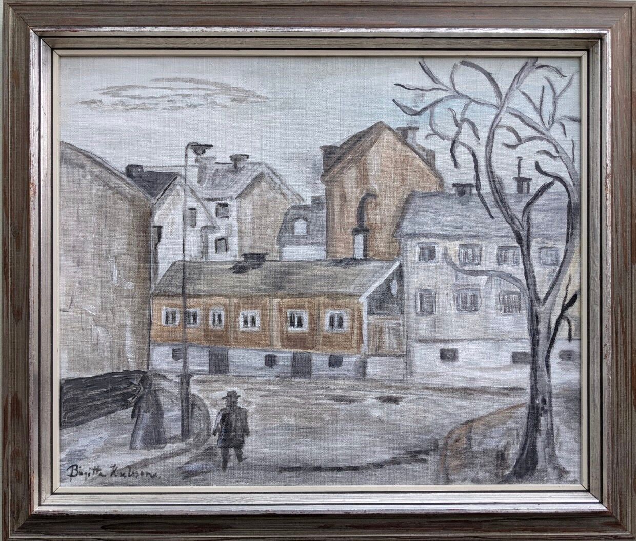 Mid-Century Modern "Stroll" Swedish Vintage Street Scene Oil Painting, Framed