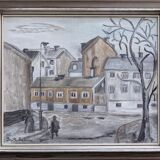 Mid-Century Modern "Stroll" Swedish Vintage Street Scene Oil Painting, Framed