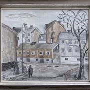 Mid-Century Modern "Stroll" Swedish Vintage Street Scene Oil Painting, Framed