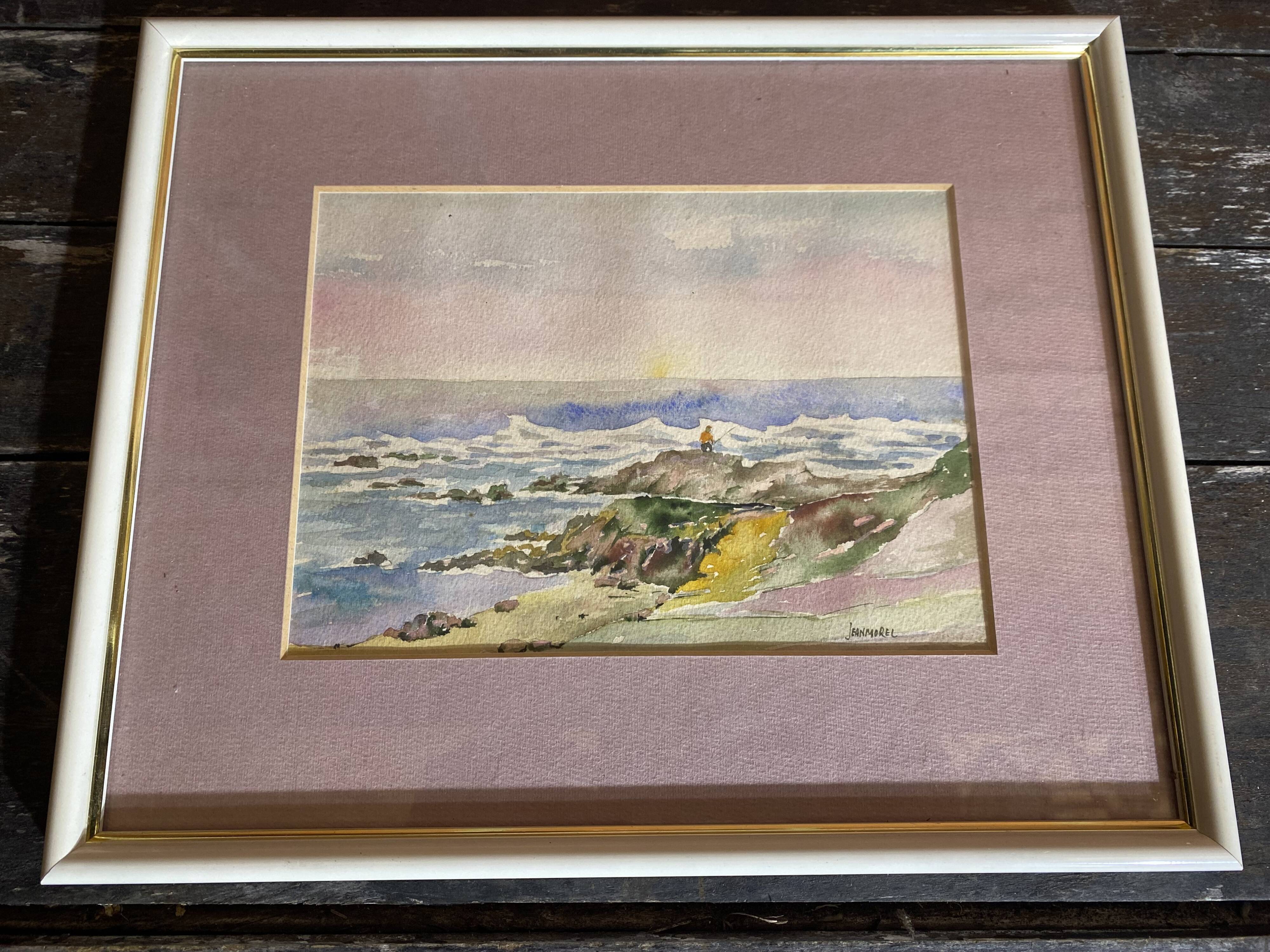 Aquarelle Sur Papier JEAN MOREL Vue Bord De Mer + Cadre Bois Blanc Vintage
