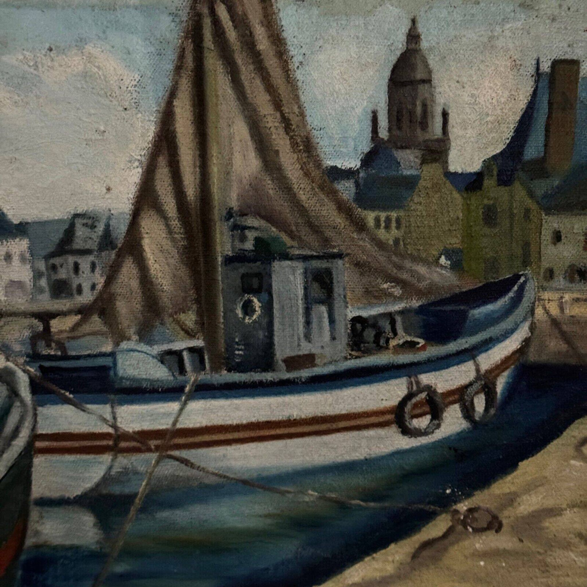 Oil on canvas fishing boats at the quayside 1956