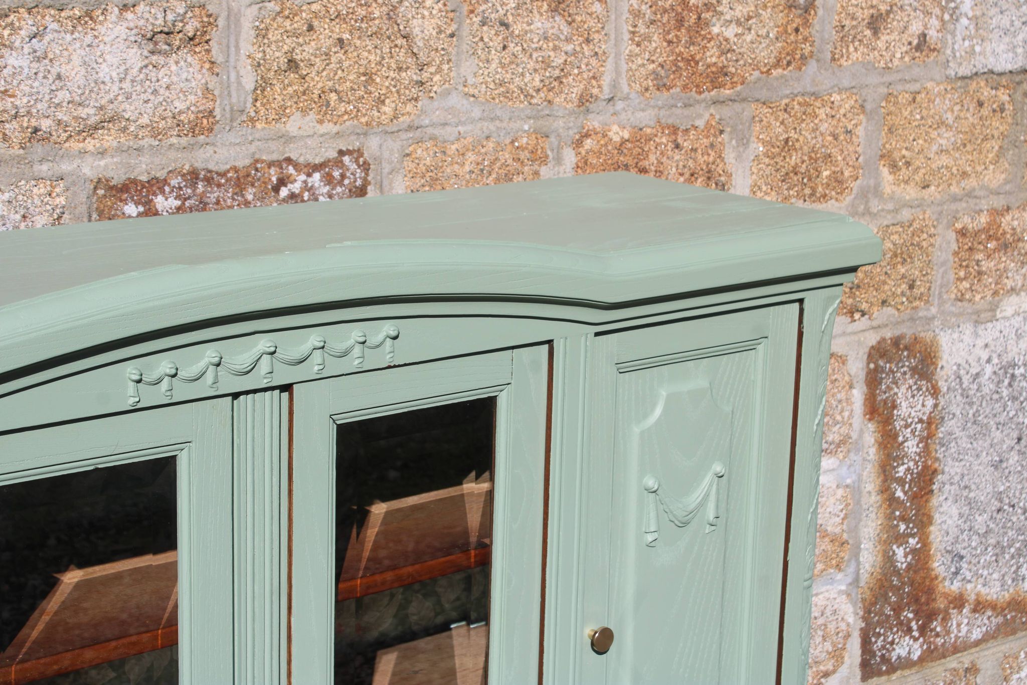 Renovated vintage sage green enfilade – wooden legs & bevelled display cabinets