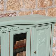 Renovated vintage sage green enfilade – wooden legs & bevelled display cabinets