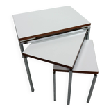 White Nesting Table Set with chrome frame and wood detail, 1970s