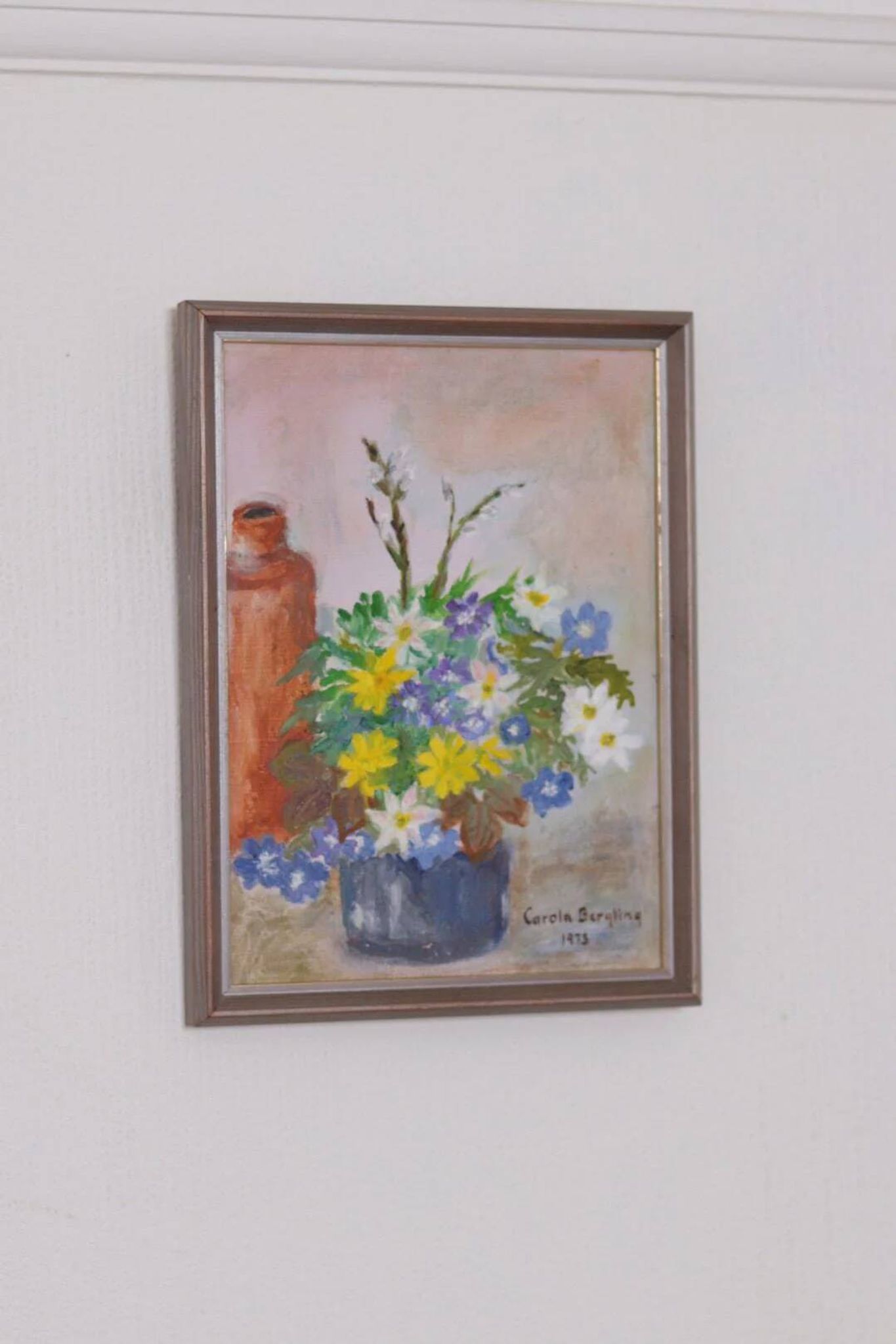 Huile sur toile originale suédoise – « Vase de fleurs » par Carola Bergling