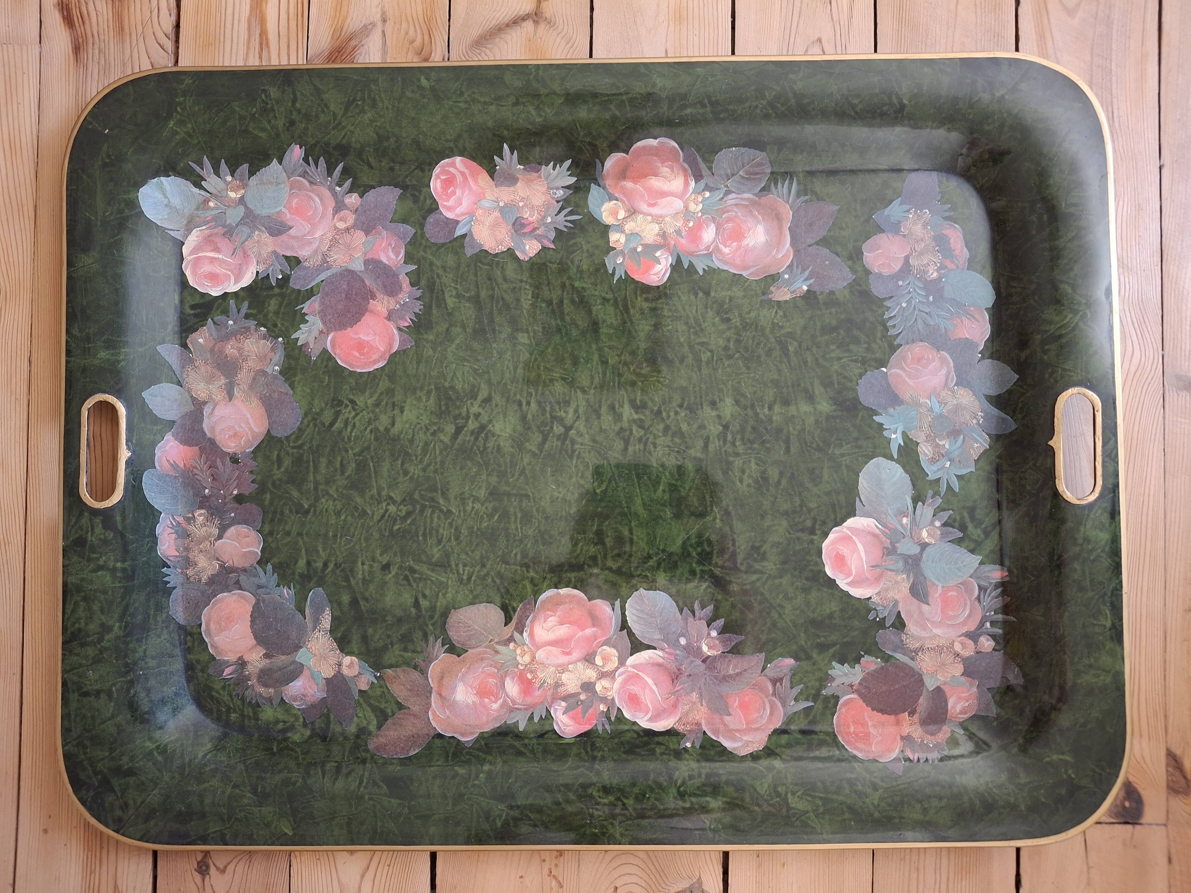 Large painted metal serving tray with handles 74.7 X 55.5 cm