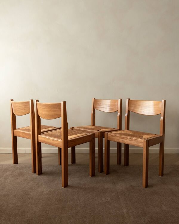 Chaises de salle à manger en frêne et paille de style mid-century par Maison Regain, années 1970, ensemble de 4.