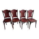 Set of 4 Art Nouveau bent beech wood chairs, deep red-brown embossed seats (Jacob & Josef Kohn, ca.1900)