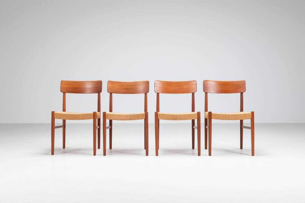 Set of four Danish dining chairs in teak and paper cord, Denmark, 1960