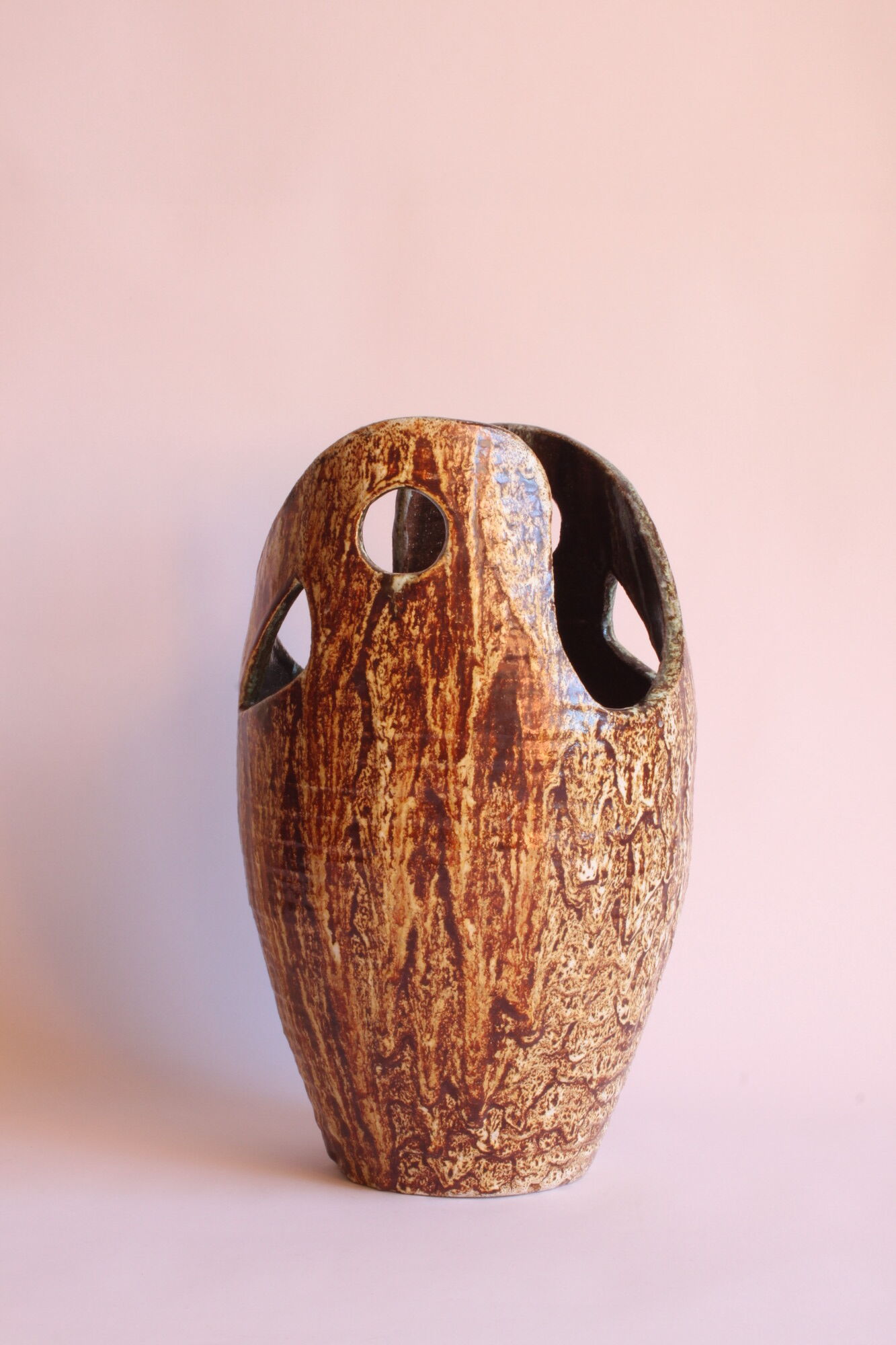 Freeform open worked vase by "Les potiers d'Accolay", France 1970s.
