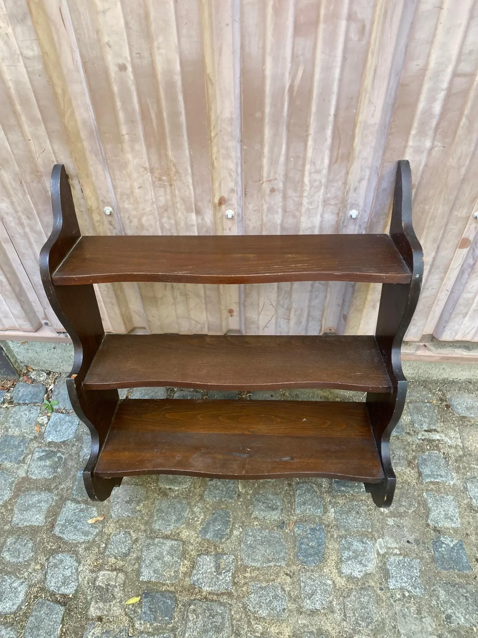 Vintage wall shelf with ornate cutouts in dark wood, 68x88cm, 3 levels, 1950.