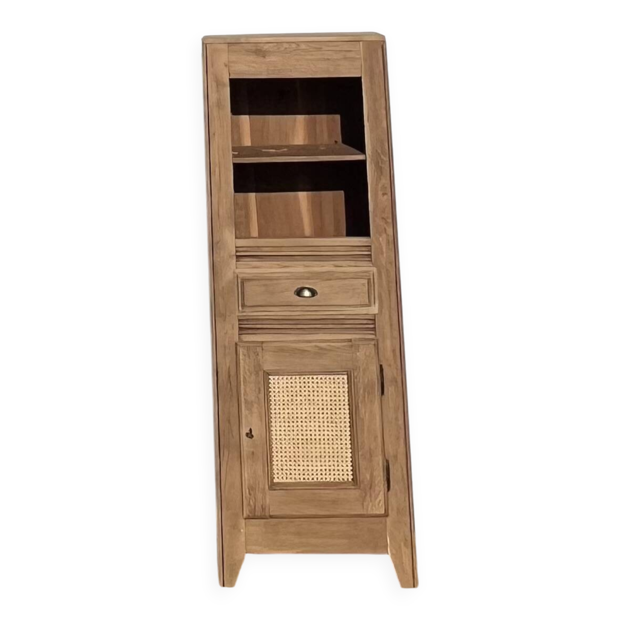 Antique bonnetière in solid raw oak and canework - compass feet