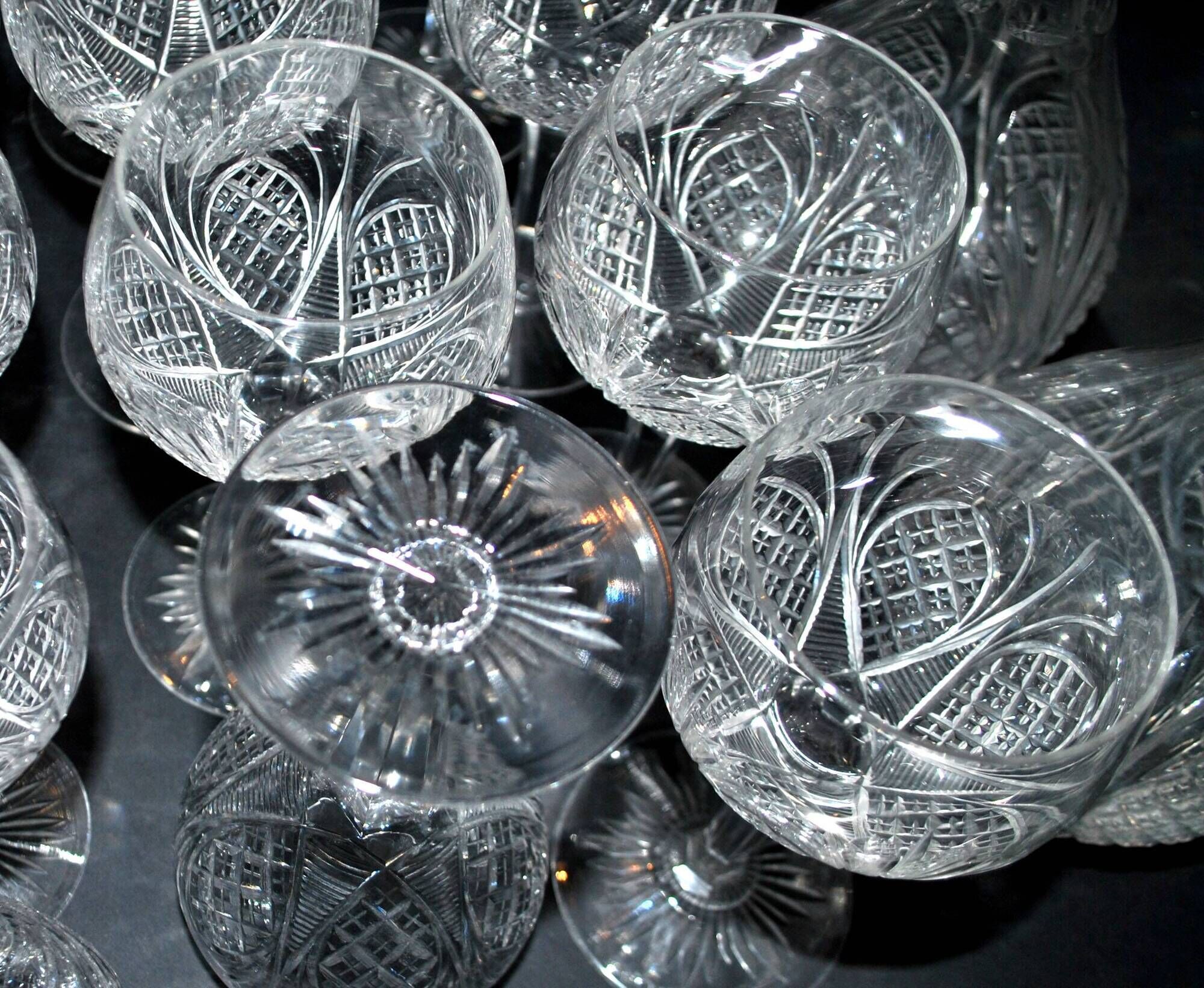 Baccarat set of 35 crystal glasses + 2 flower model carafes 9157 from 1907