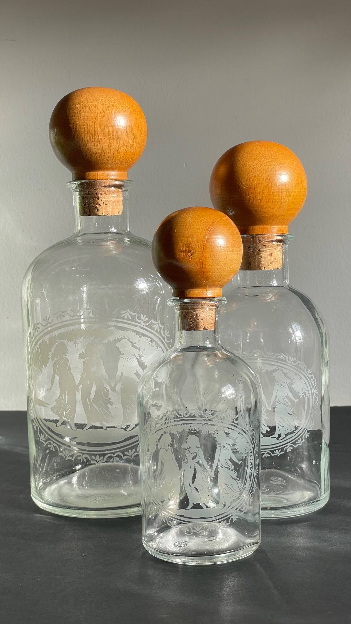 BOTTLES Engraved Glass and VINTAGE Wood