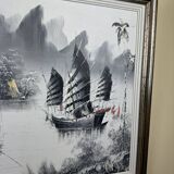 Large oil on canvas vintage painting Japanese style