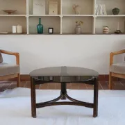 Round coffee table in rattan and smoked glass — 1970s