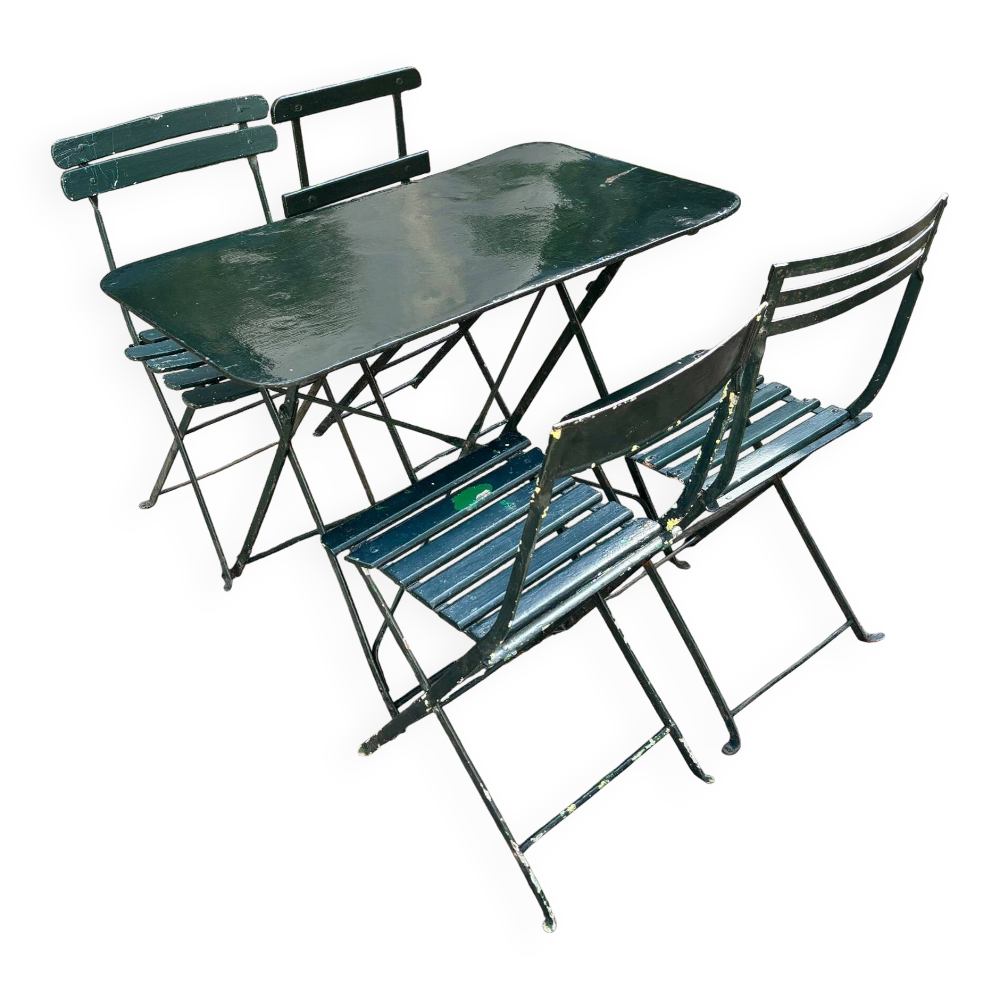 Salon de jardin, table et 4 chaises pliantes en métal vert