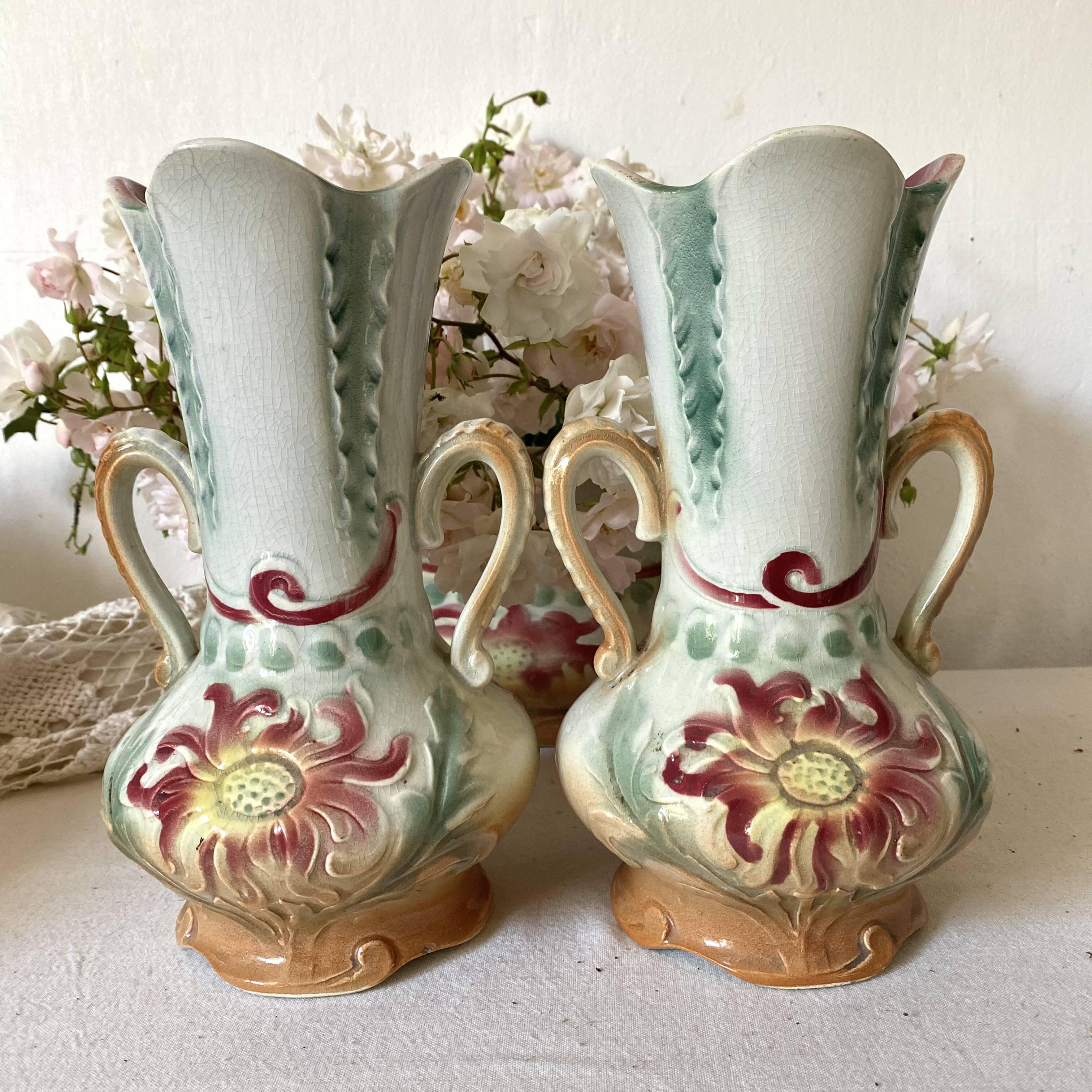 Art Nouveau slip vases, old fireplace decoration