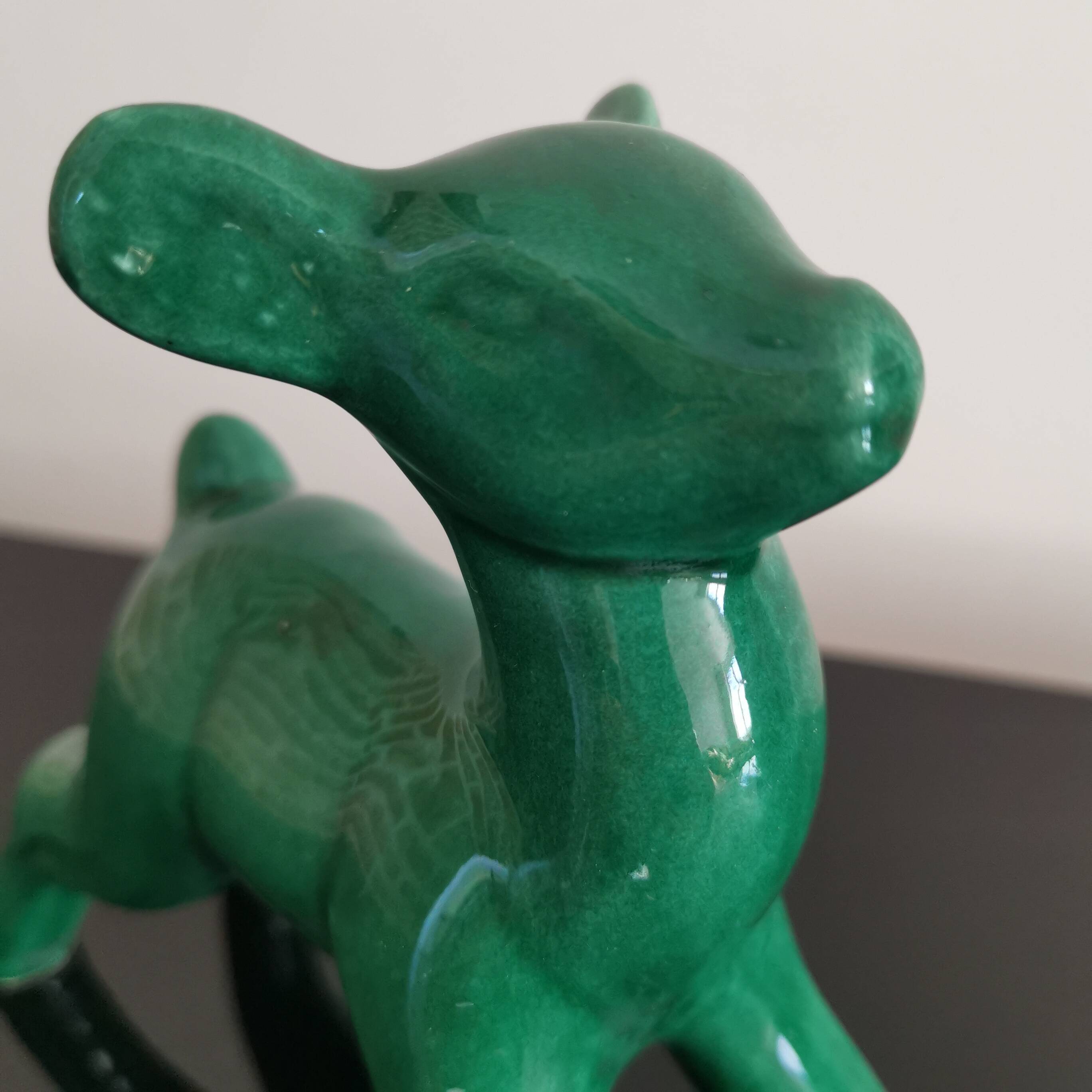 Vintage art deco green earthenware doe from the 60s
