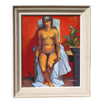 Peinture signée Maurice Herault, peinture femme nue, huile sur carton, décoration murale, 50's
