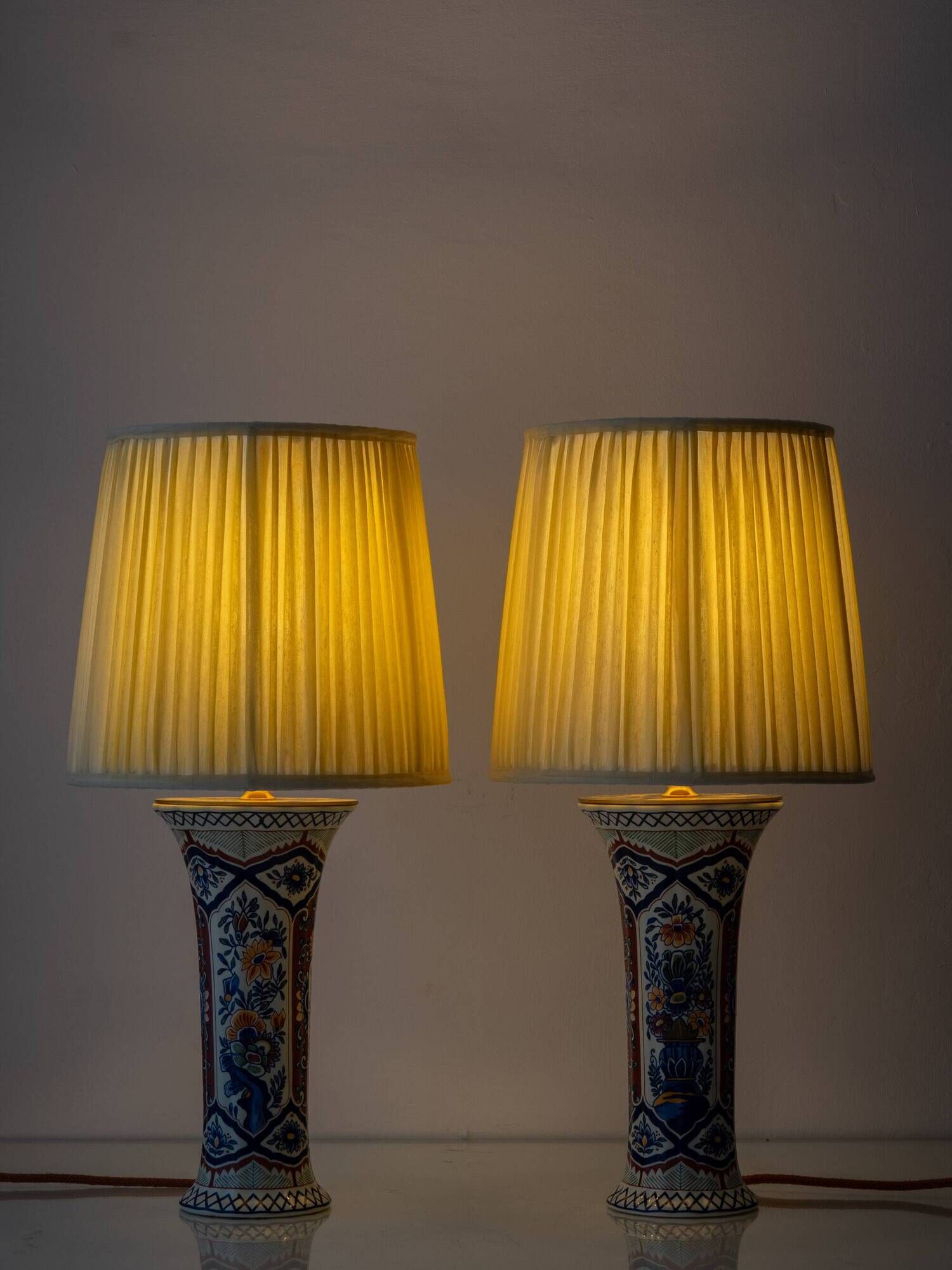 Vintage Belgian Delft Style Table Lamps by Boch with Brass Elements, 1950-1970, New Shades