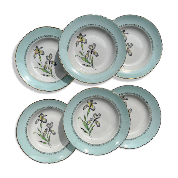 6 assiettes creuses porcelaine vintage blanche verte Iris Moulin des Loups ''Sargosse'' 1950s