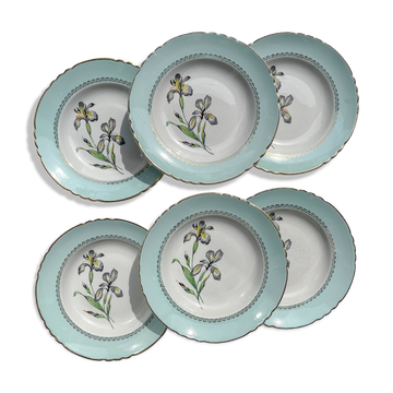 6 assiettes creuses porcelaine vintage blanche verte Iris Moulin des Loups "Sargosse" 1950s