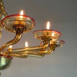 Venetian chandelier in gilded Murano glass highlighted with a red net, Venini circa 1940