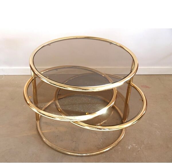 Table d’appoint tournante à 3 niveaux plaquée or