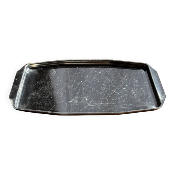 Plateau vintage rectangulaire en métal argenté à anses L37 Lg27 H1,5