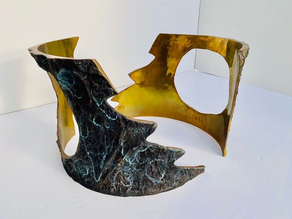 Table basse en bronze massif & verre par Willy Ceysens, 1970s