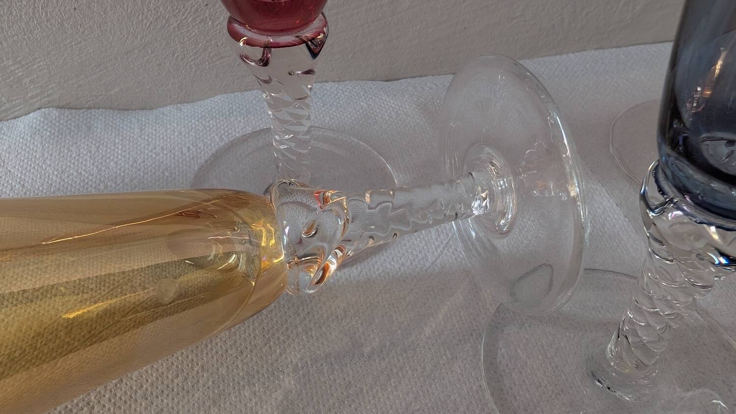 6 coloured glass champagne flutes from the 1950s