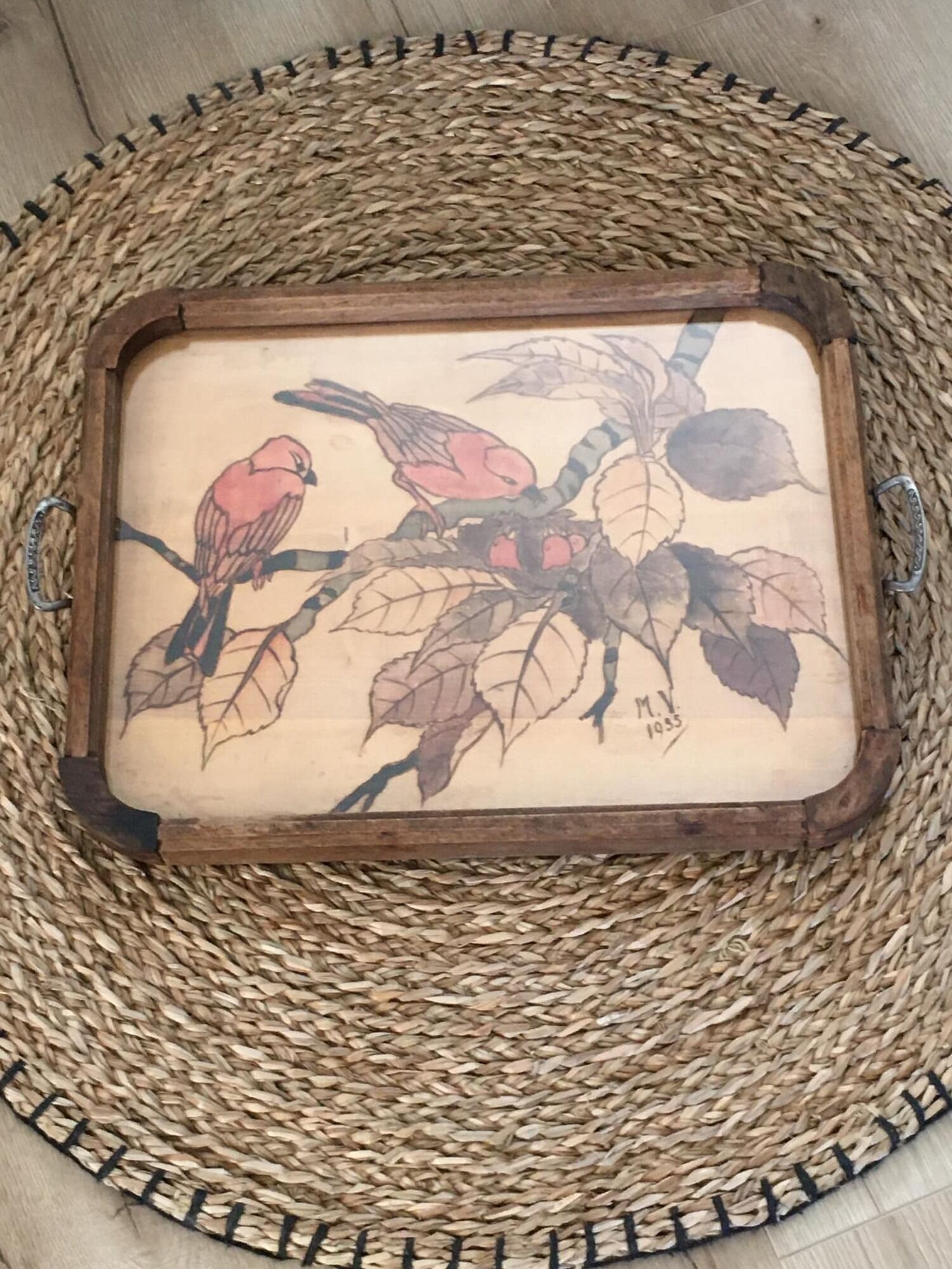 Tray wood engraving "birds" signed mv and dated 1935. under glass. chiseled metal handles