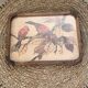 Tray wood engraving "birds" signed mv and dated 1935. under glass. chiseled metal handles
