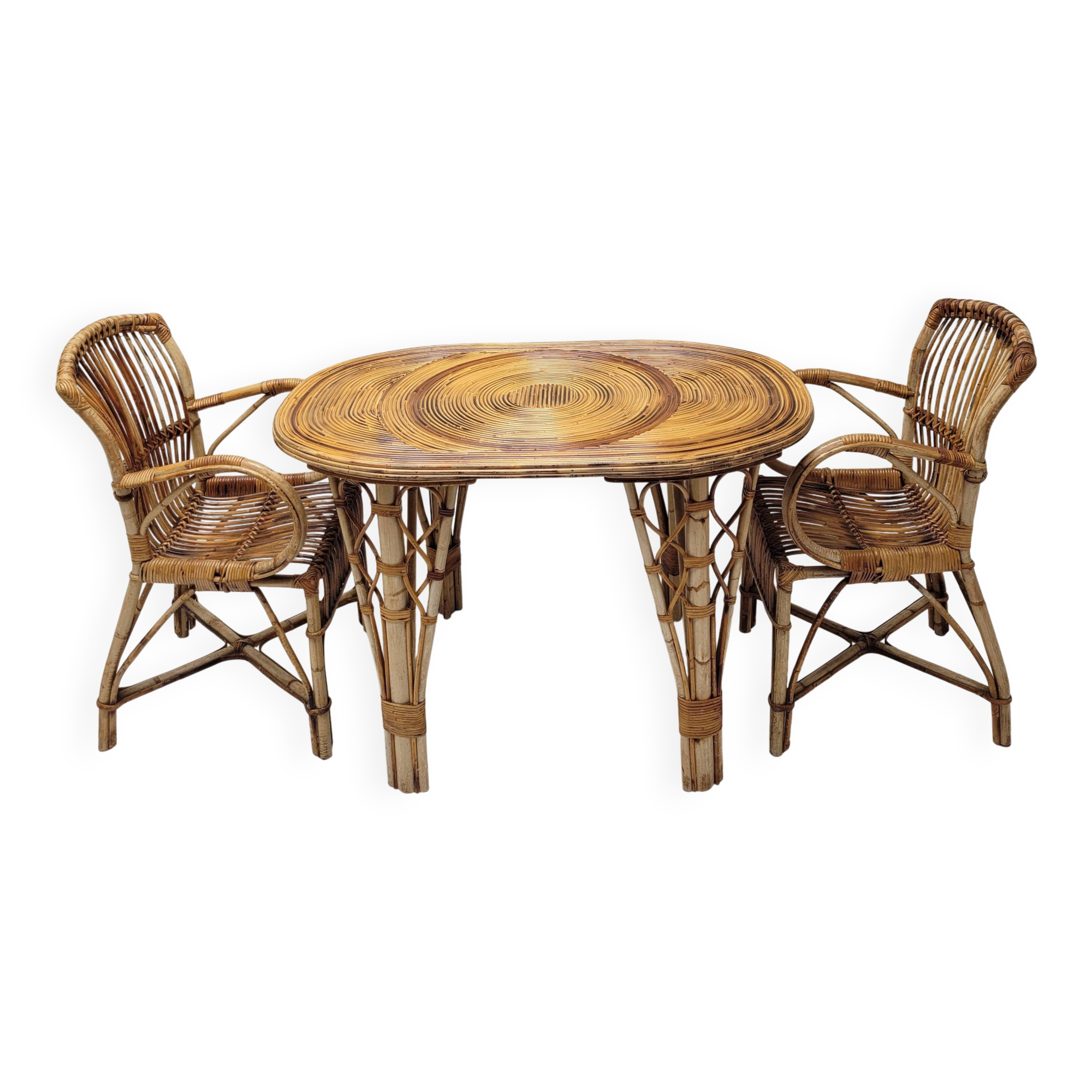 Vintage Audoux Minet bamboo, rattan, and smoked glass table duo.
