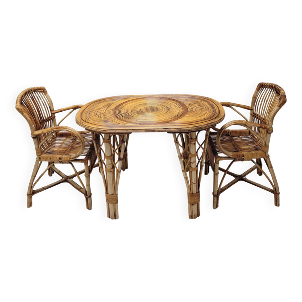 Table duo bambou rotin et verre fumé Vintage Audoux Minet