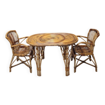 Table duo bambou rotin et verre fumé Vintage Audoux Minet