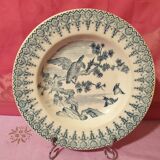 Gien earthenware ceramic soup plate with blue eagle decoration