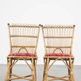 Set of 4 subtle and charming vintage 60s rattan boho chairs with colorful upholstered seats