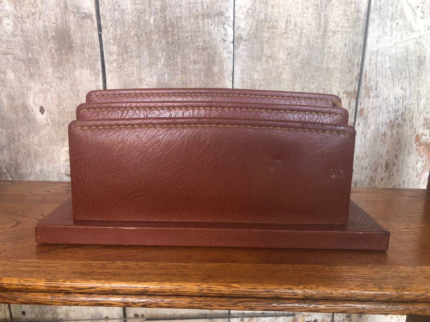 Old brown leather letter mail holder vintage office storage
